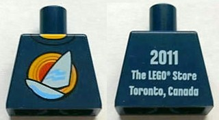 Lego Torso Shirt with White Sailboat over Red Concentric Circles Sun, Yellow Neck, '2011 The LEGO Store Toronto, Canada' on Back Pattern / Dark Blue