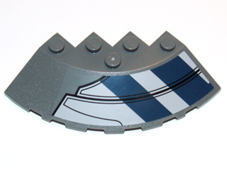 Lego Brick, Round Corner 6 x 6 with Slope 33 Edge, Facet Cutout with Dark Blue Stripes and Black Lines Pattern Model Left (Sticker) - Set 75013 / Dark Bluish Gray