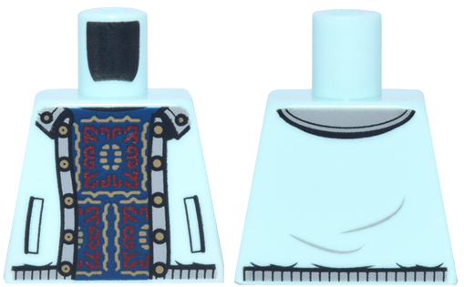 Lego Torso Jacket Open with Trim and Tan Buttons over Dark Blue and Dark Red Sweater with Square Motif Pattern / Light Aqua