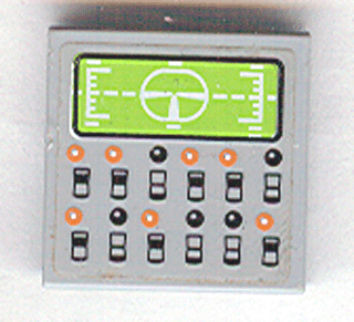 Lego Tile 2 x 2 with Lime Display Screen and Black and Orange Buttons Pattern (Sticker) - Set 7709 / Light Bluish Gray
