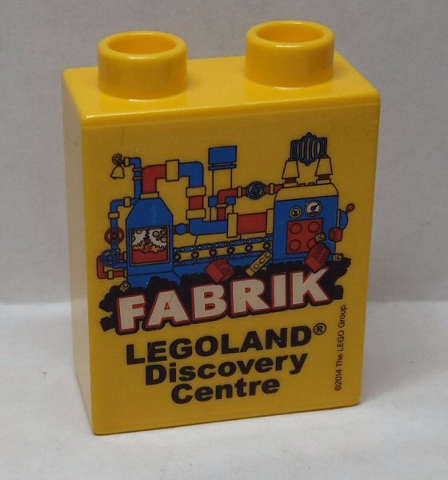 Lego Duplo, Brick 1 x 2 x 2 with LEGOLAND Discovery Centre FABRIK 2014 Pattern / Yellow