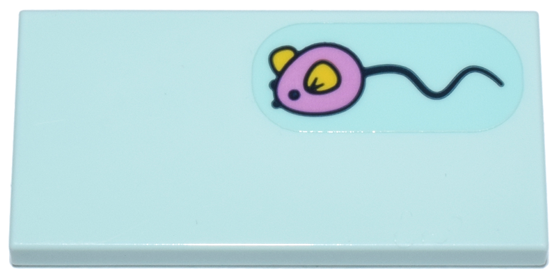 Lego Tile 2 x 4 with Bright Pink Mouse with Yellow Ears and Black Tail Pattern (Sticker) - Set 42670 / Light Aqua
