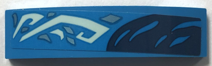 Lego Slope, Curved 4 x 1 x 2/3 Double with Light Aqua Markings, Dark Blue Skin and Metallic Light Blue Scales Pattern Model Left Side (Sticker) - Set 71754 / Dark Azure