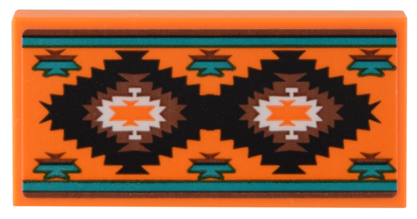 Lego Tile 2 x 4 with Orange Rug with Black, Reddish Brown, Dark Turquoise, and White Geometric Pattern (Sticker) - Set 40583
