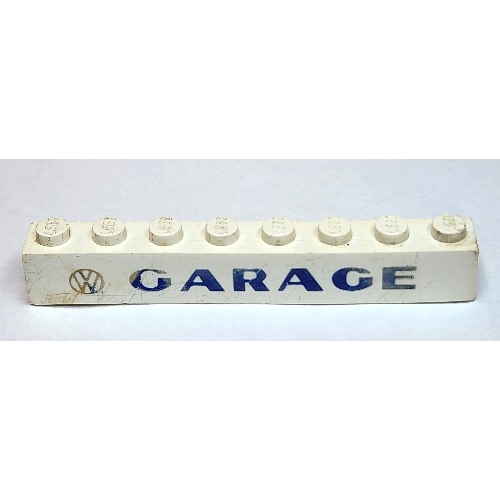 Lego Brick 1 x 8 with 'VW GARAGE' Sans-Serif Thick Blue Print
