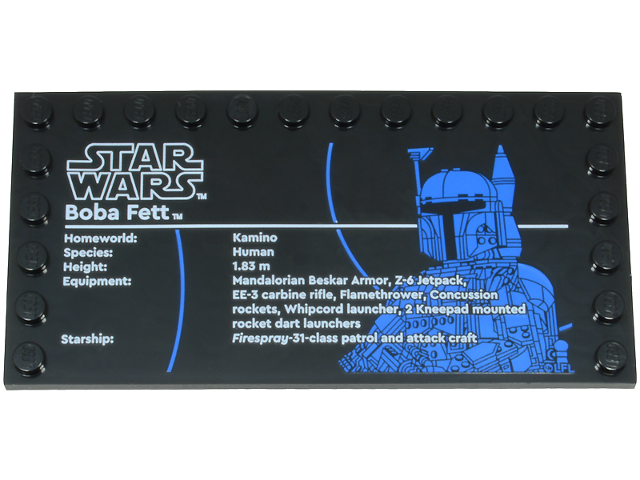Lego Tile, Modified 6 x 12 with Studs on Edges with Star Wars Logo and 'Boba Fett' Pattern