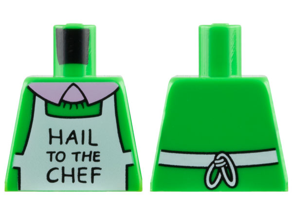 Lego Torso Simpsons White Apron with Black 'HAIL TO THE CHEF' over Sweater, Bright Pink Undershirt with Collar Pattern / Bright Green