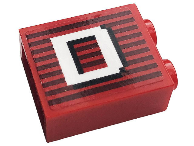 Lego Brick 1 x 2 x 2 with Inside Stud Holder with Gray Stripes and White Capital Letter D Pattern Model Right Side (Sticker) - Set 10272