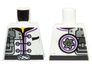 Lego Torso Ninjago Robe with Three Black Clasps, Mechanical Parts and Silver Saw Blade Pattern / White