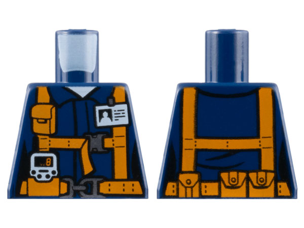Lego Torso Town Miners Dark Blue Shirt with Orange Suspender Straps with Radio and ID Badge Pattern / Dark Blue