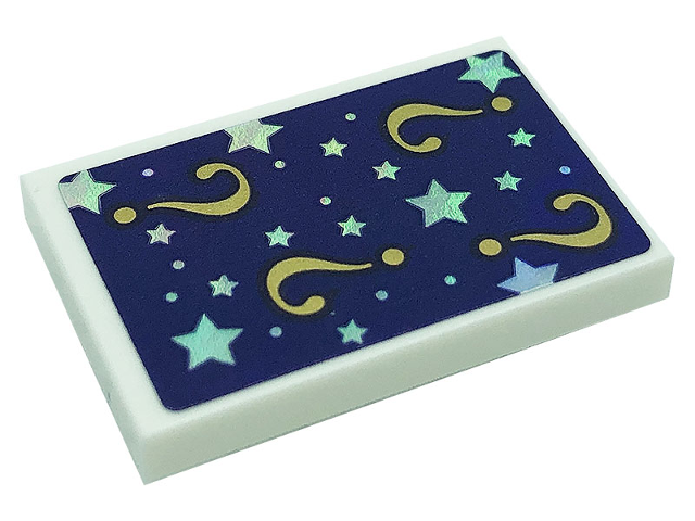 Lego Tile 2 x 3 with Silver Dots, Stars and Question Marks on Dark Purple Background Pattern (Sticker) - Set 41685 / White
