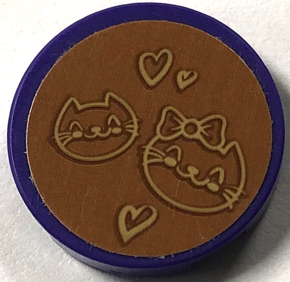 Lego Tile, Round 2 x 2 with Bottom Stud Holder with Cats and Hearts Carving on Medium Nougat Background Pattern (Sticker) - Set 41445