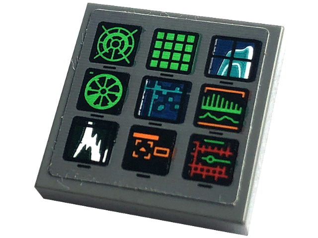Lego Tile 2 x 2 with Display Screens with Green, Orange and Red Charts, Graphs, Radar and Grids Pattern (Sticker) - Set 76240