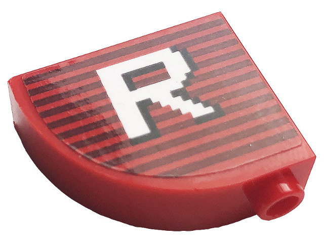 Lego Slope, Curved 3 x 1 x 2 with Hollow Stud with Gray Stripes and White Letter 'R' Pattern (Sticker) - Set 10272 / Red