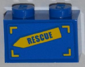 Lego Brick 1 x 2 with 'RESCUE' on Yellow Arrow Pattern Model Right Side (Sticker) - Set 4439 / Blue