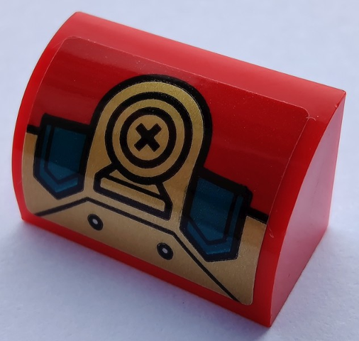 Lego Slope, Curved 1 x 2 with Bottom Stud Holder with Gold and Dark Turquoise Hull Plates and Circles Pattern (Sticker) - Set 80012