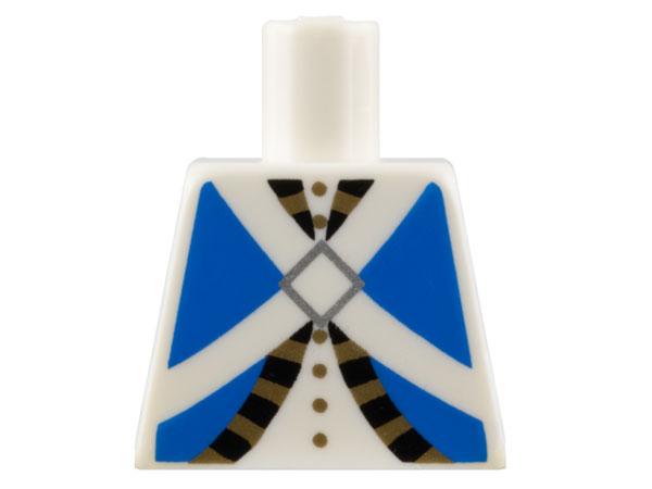 Lego Torso Imperial Soldier Blue Uniform Jacket with Black and Gold Trim over Shirt with Buttons, Crossbelts with Silver Diamond Clasp Pattern (Bluecoat), Inside with Ribs (Reissue) / White