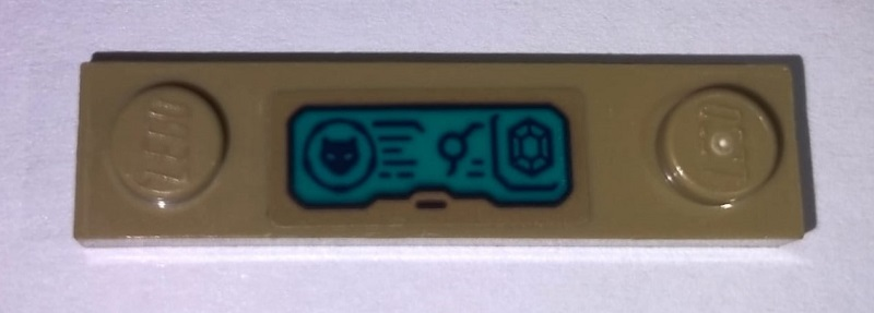 Lego Plate, Modified 1 x 4 with 2 Studs without Groove with Cat Head, Lines, and Gem / Jewel on Dark Turquoise Control Panel Pattern (Sticker) - Set 76101