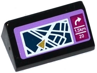 Lego Slope 30 1 x 2 x 2/3 with Map on GPS, White Arrow, '1.5KM' and '20' Pattern (Sticker) - Set 41107 / Black