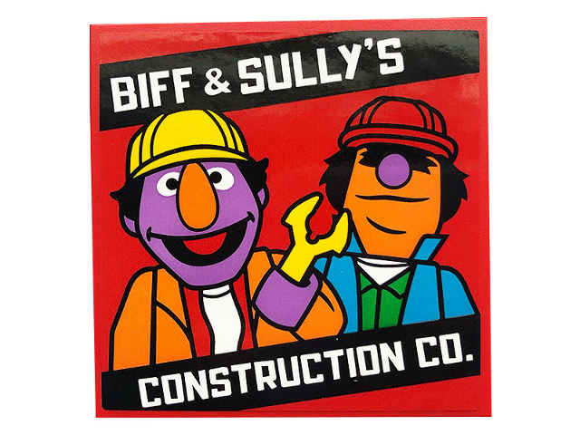 Lego Tile 6 x 6 with Bottom Tubes, Textured Surface with 'BIFF & SULLY'S CONSTRUCTION CO.' Pattern (Sticker) - Set 21324 / Red