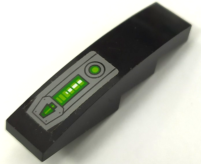 Lego Slope, Curved 4 x 1 with Dark Bluish Gray Panel, Hull Plate, Black Circles and Rivets, Green and Lime Dot Pattern (Sticker) - Set 72003 / Black