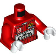 Lego Torso Racing Jacket, with Orange Circle Logo, Red and White Logo, 'WXD', White Mountain Range Logo Print, Red Arms, White Hands / Red