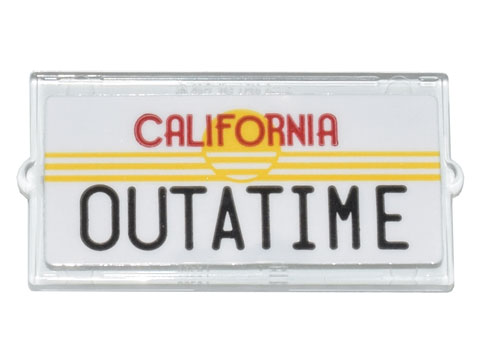 Lego Glass for Window 1 x 2 x 3 with License Plate 'CALIFORNIA' and 'OUTATIME' Yellow Sun and Stripes Pattern (Sticker) - Set 10300 / Trans-Clear
