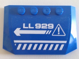 Lego Wedge 4 x 6 x 2/3 Triple Curved with White 'LL 929', Danger Stripes, Arrow and Exclamation Mark in Triangle Pattern Model Left (Sticker) - Set 70816