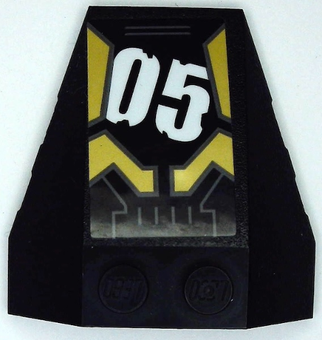 Lego Wedge 4 x 4 Triple with Stud Notches with Gold Armor Plates with Dark Bluish Gray Outlines and White '05' Pattern Model Left Side (Sticker) - Set 71699