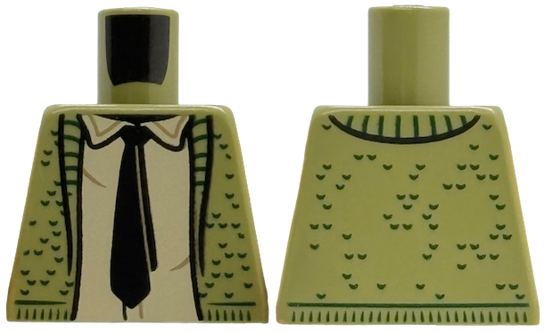 Lego Torso Knit Vest Open with Lapels and Dark Green Trim, Tan Shirt with Collar, Black Tie Pattern / Olive Green