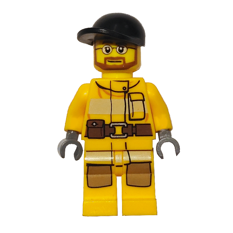 Lego Fireman, Bright Light Orange Fire Suit, Black Cap, Beard and Glasses