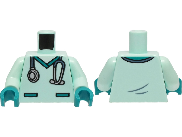 Lego Torso Hospital Scrubs with Dark Turquoise Pockets and Collar and Sand Blue and Silver Stethoscope Pattern / Light Aqua Arms / Dark Turquoise Hands