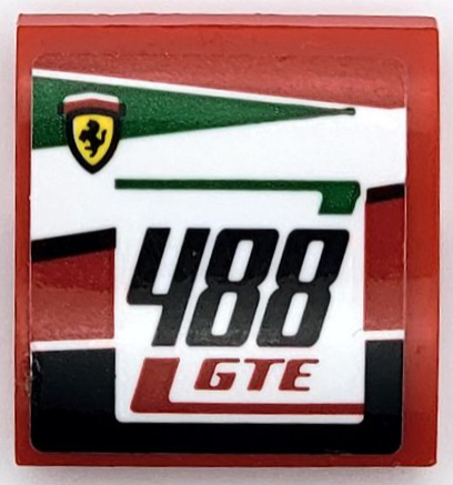 Lego Slope, Curved 2 x 2 x 2/3 with Ferrari Logo, Black '488' and Red 'GTE' Pattern Model Left Side (Sticker) - Set 75889 / Red