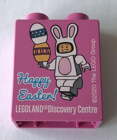 Lego Duplo, Brick 1 x 2 x 2 with Happy Easter! 2020 LEGOLAND Discovery Centre Bunny Rabbit Costume Pattern / Dark Pink