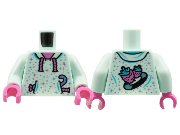 Lego Torso Hoodie, Dark Pink Neck and Strings, Metallic Pink and Blue Stars, Candy, Pineapples and Record Back Pattern / Light Aqua Arms / Dark Pink Hands