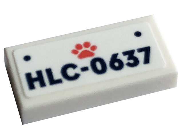 Lego Tile 1 x 2 with Dark Blue 'HLC-0637' and Coral Paw Print Pattern (Sticker) - Set 41741 / White