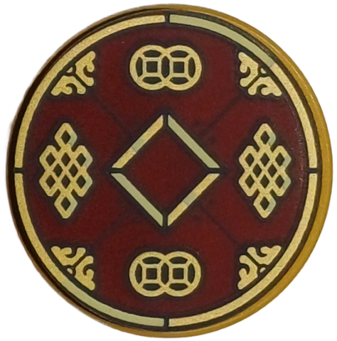Lego Tile, Round 2 x 2 with Bottom Stud Holder with Gold Square, Ornaments, Diamond Lattices and Broken Circle Border with Black Outlines on Dark Red Background Pattern
