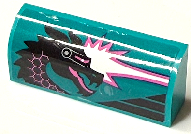 Lego Slope, Curved 1 x 4 x 1 1/3 with Black Dragon Head with Visor and White and Dark Pink Flames Pattern Model Right Side (Sticker) - Set 60389