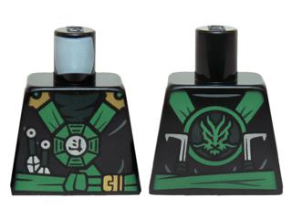 Lego Torso Ninjago Green and Gold Straps and Belt, Round Emblem, Weapons and Dark Green Undershirt Pattern / Black