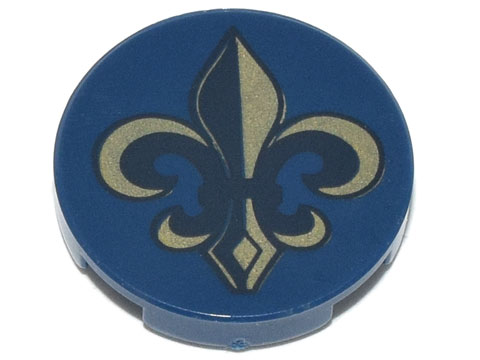 Lego Tile, Round 2 x 2 with Bottom Stud Holder with Gold and Black Fleur-de-lis Pattern