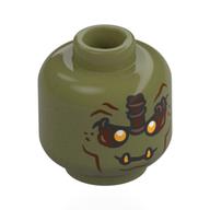 Lego Minifig Head Orc, Yellow Eyes, Reddish Brown Lines, Dark Tan/Brown Shape on Forehead, Yellow Fangs, Closed Mouth / Open Mouth