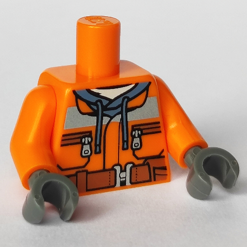 Lego Torso Construction Jacket over Dark Gray Hoodie, Zipper Pockets, Brown Belt Print, No Back Print, Orange Arms, Dark Bluish Gray Hands