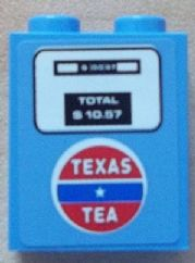 Lego Brick 1 x 2 x 2 with Inside Stud Holder with 'TEXAS TEA' Gas / Fuel Pump Pattern (Sticker) - Set 8487