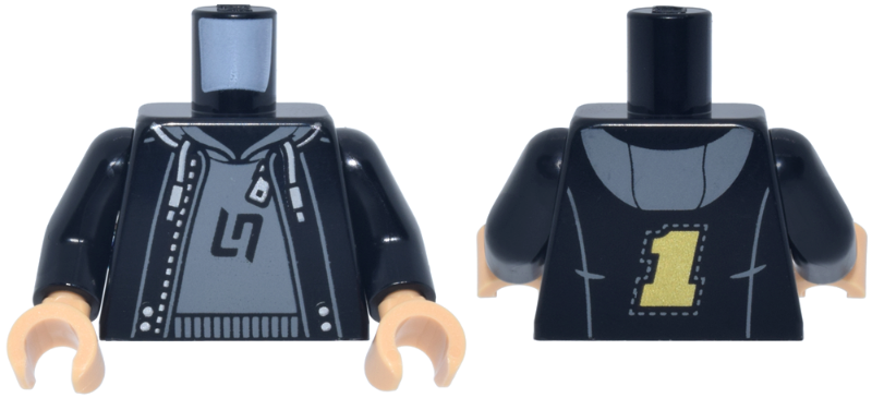 Lego Torso Jacket Open with Silver Zipper and Gold Number 1 over Dark Bluish Gray Hoodie with LN Racing Kart Logo Pattern / Black Arms / Medium Tan Hands