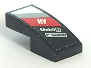 Lego Slope, Curved 2 x 1 x 2/3 with 'HY', 'Mobil 1' and Michelin Logo on Light Bluish Gray, Red and White Diagonal Stripes Pattern Model Right Side (Sticker) - Set 75887 / Black