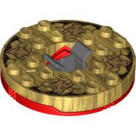Lego Turntable 6 x 6 Round Red Base with Pearl Gold Top with Gold Faces on Black Print (Ninjago Spinner) / Pearl Gold