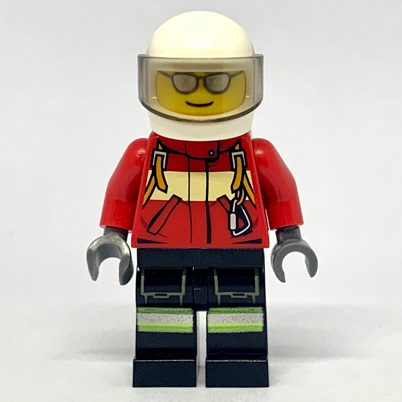 Lego Fireman, Red Jacket with Straps, White Helmet with Visor, Silver Sunglasses