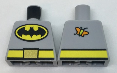 Lego Torso Batman Logo in Yellow Oval, Yellow Belt with Gold Buckle, Orange and Lime Moth on Back Pattern / Light Bluish Gray