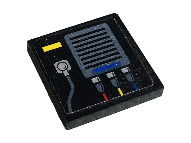 Lego Tile 2 x 2 with Gray Grille, Blue, Red, Yellow and Gray Wires Pattern (Sticker) - Set 42096 / Black