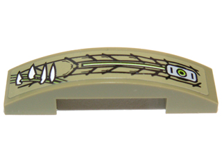 Lego Slope, Curved 4 x 1 x 2/3 Double with Scales, Teeth and Lime Line Pattern Model Left Side (Sticker) - Set 70006 / Olive Green